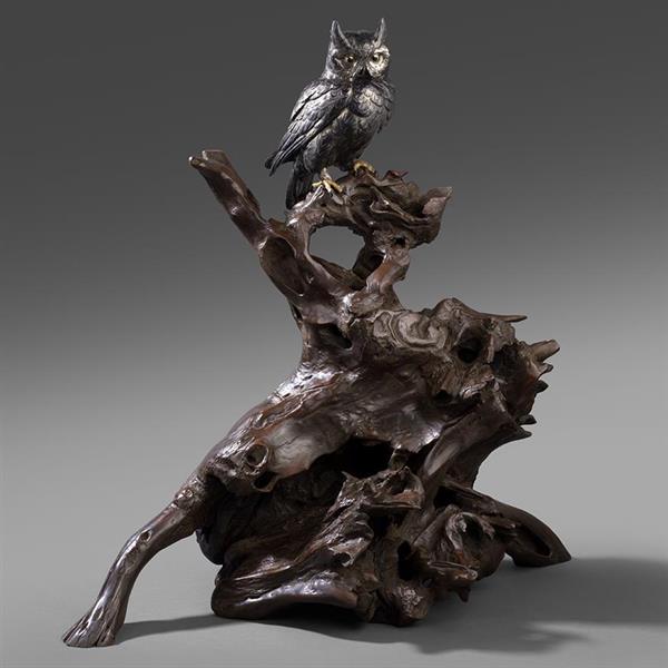 1. Cast Silvered Bronze Model of a Scops Owl