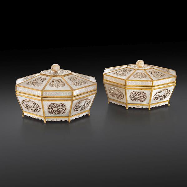 22. Pair of Chinese Gilt Metal Mounted Mother of Pearl Boxes and Covers