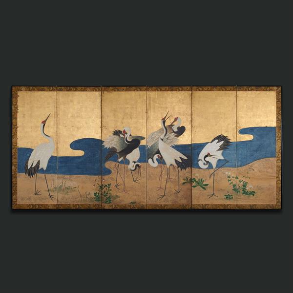 23. A six fold gold leaf screen with cranes