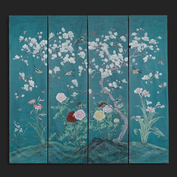 16. Set of Four Painted Silk Panels
