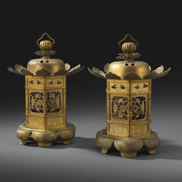 16. Pair of Gilt Copper Hexagonal Lanterns