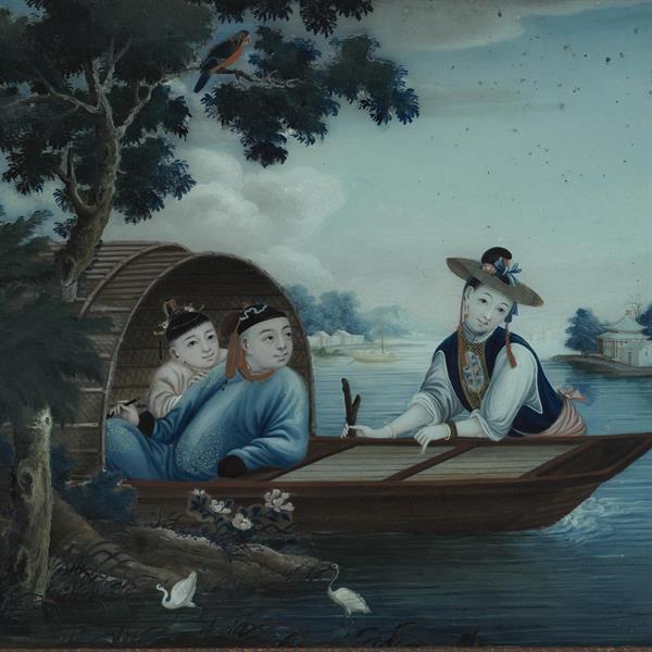 22. Chinese Export Reverse Glass Painting of Mandarin seated in a Boat