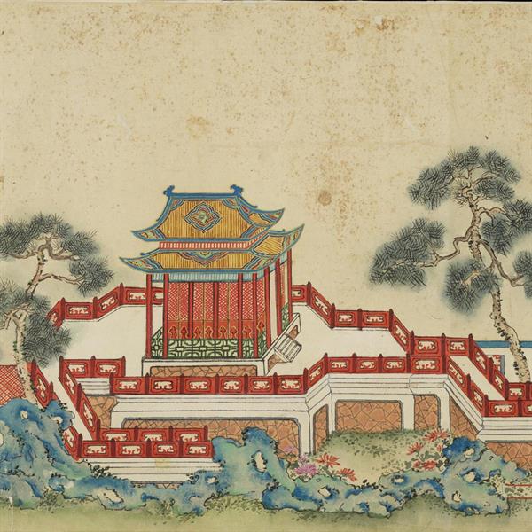 36. Watercolour Scroll Depicting Palace Buildings and Pagodas