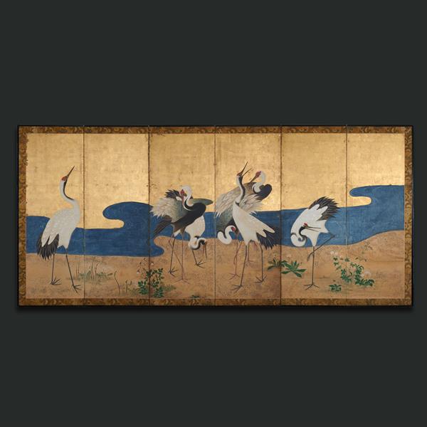 58. A six fold gold leaf screen with cranes