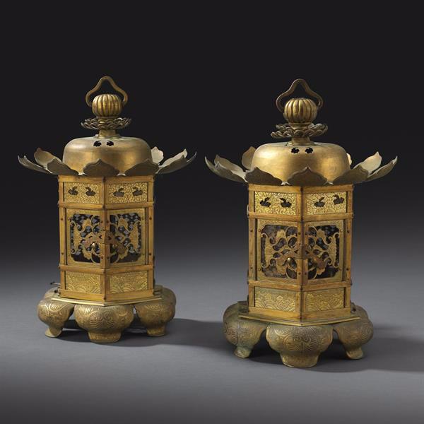 6. Pair of Gilt Copper Hexagonal Lanterns